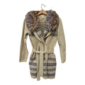 The Territory Ahead Long Tie Cardigan Sweater Faux Fur Trim Size S Lambs Wool